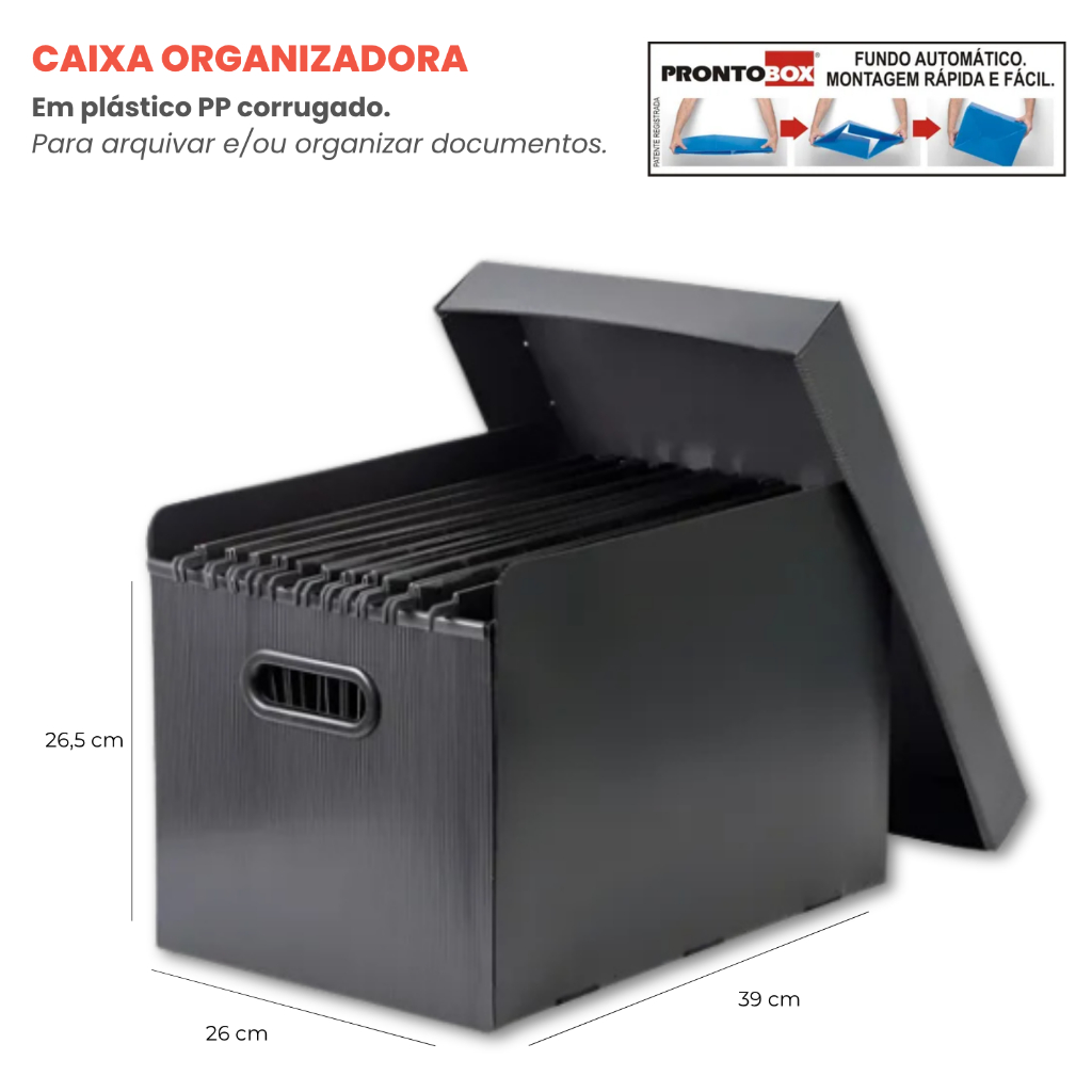 Caixa Arquivo Polionda Preta Com 10 Pastas Suspensas A4 Coloridas Diversas