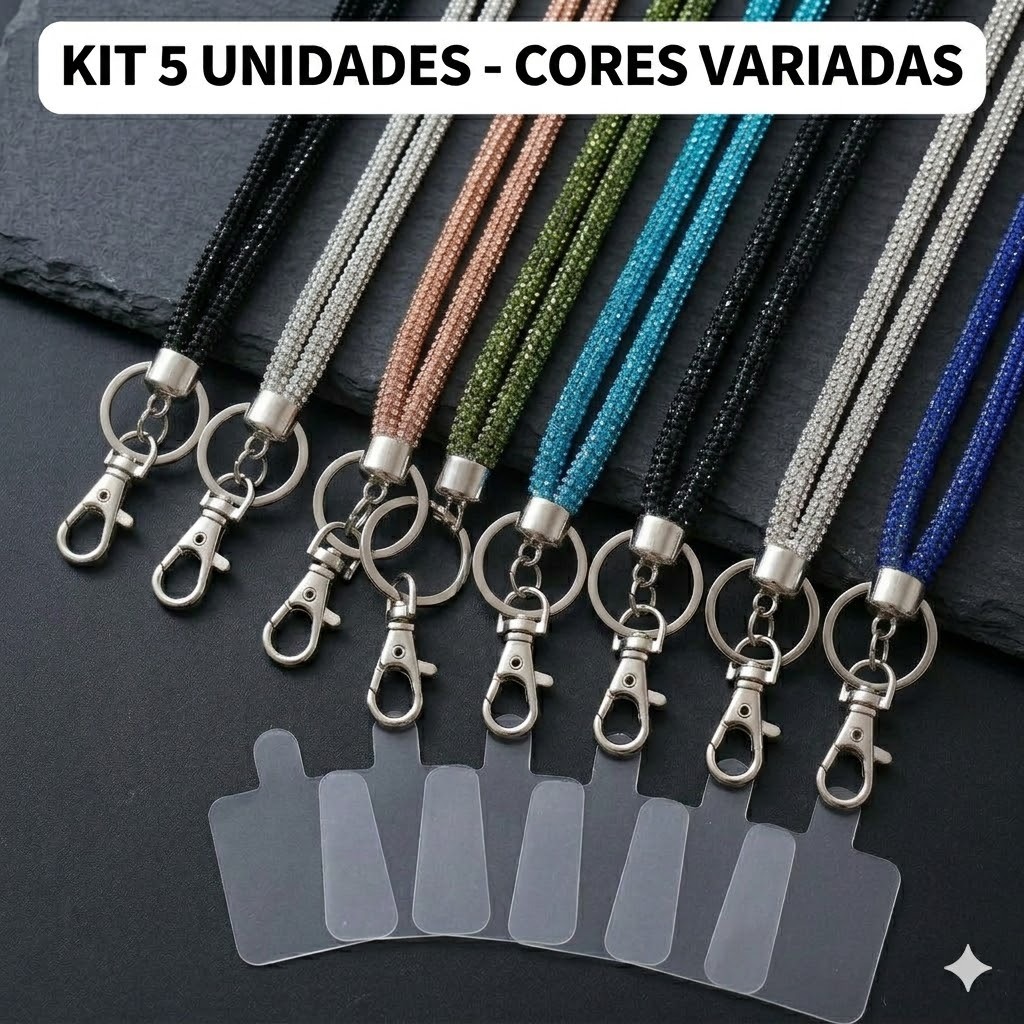 Kit 5 Unidades Cordão Antiqueda Celular Brilhoso - Alça para Celular antifurto Atacado Revenda