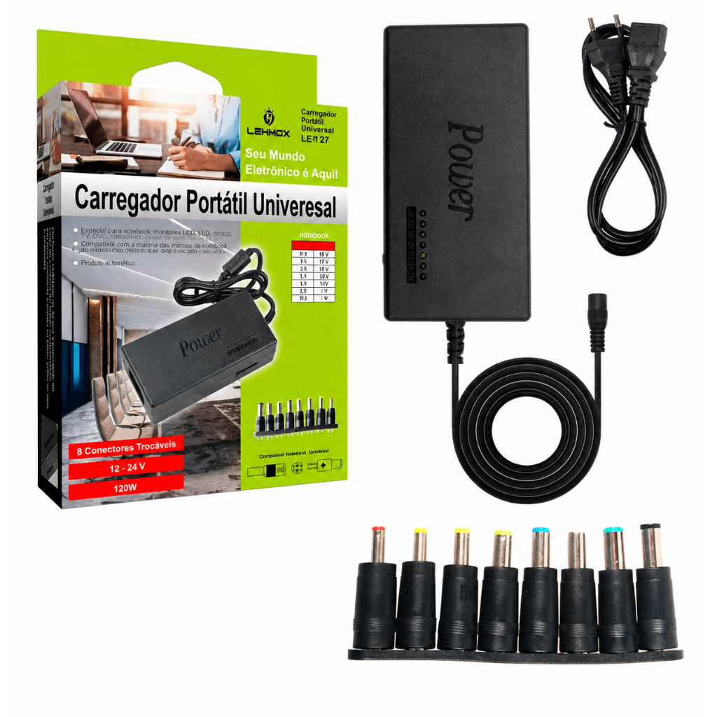 Fonte Universal Notebook 120W Bivolt 8 Plugues Ajustável 12V a 24V LEY-27 Compatível com Diversas Marcas