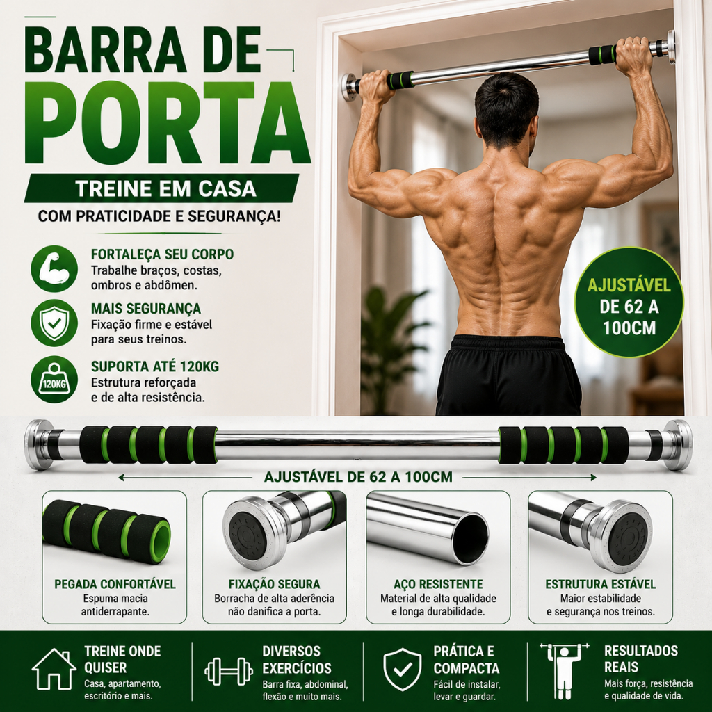 Barra De Porta Fixa Ajustável Profissional Multifuncional Aço Inoxidável Suporta até 100kg 60x100cm