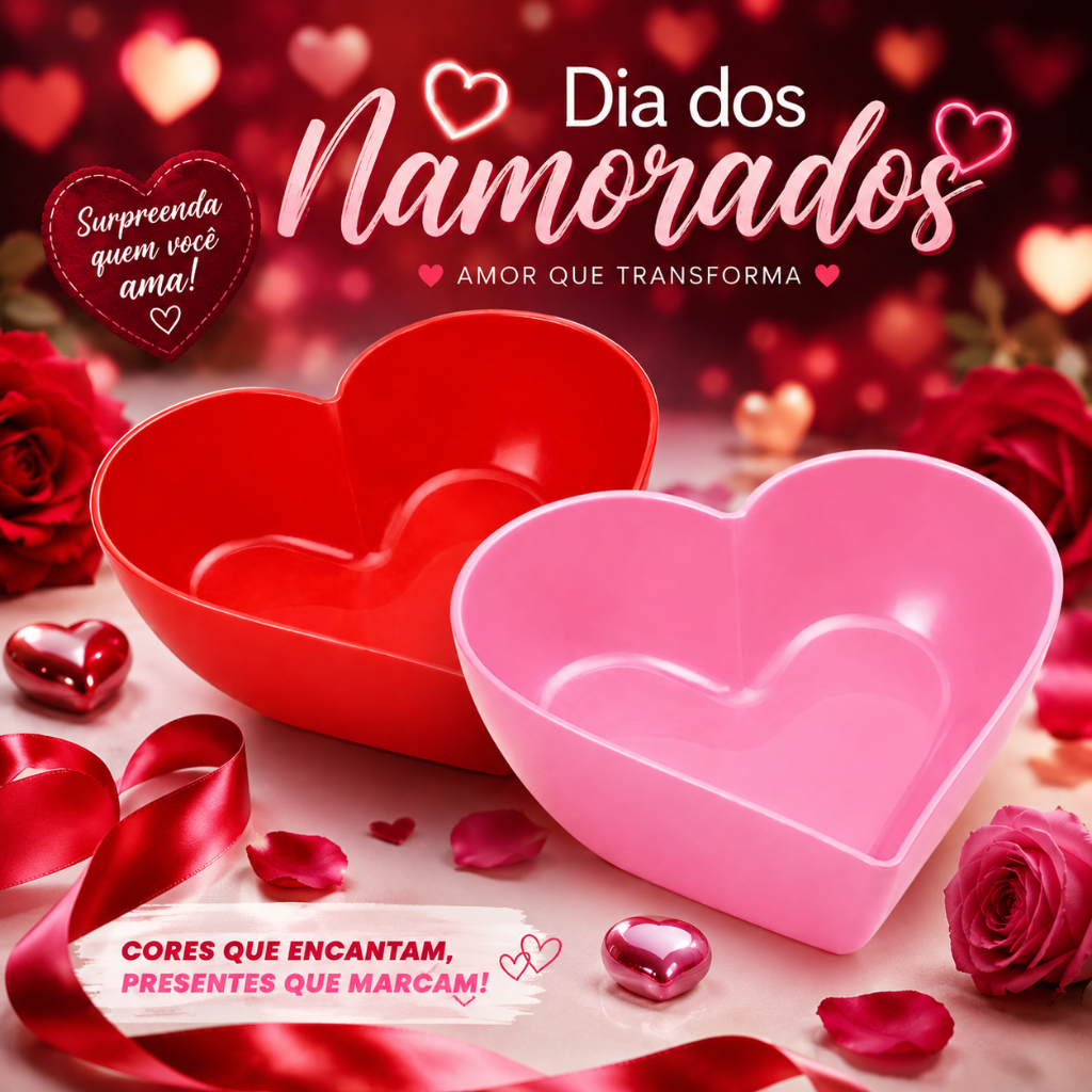 Kit Petisqueira Coração Dia dos Namorados Vermelha e Rosa Cumbuca de Plástico Presente Romântico