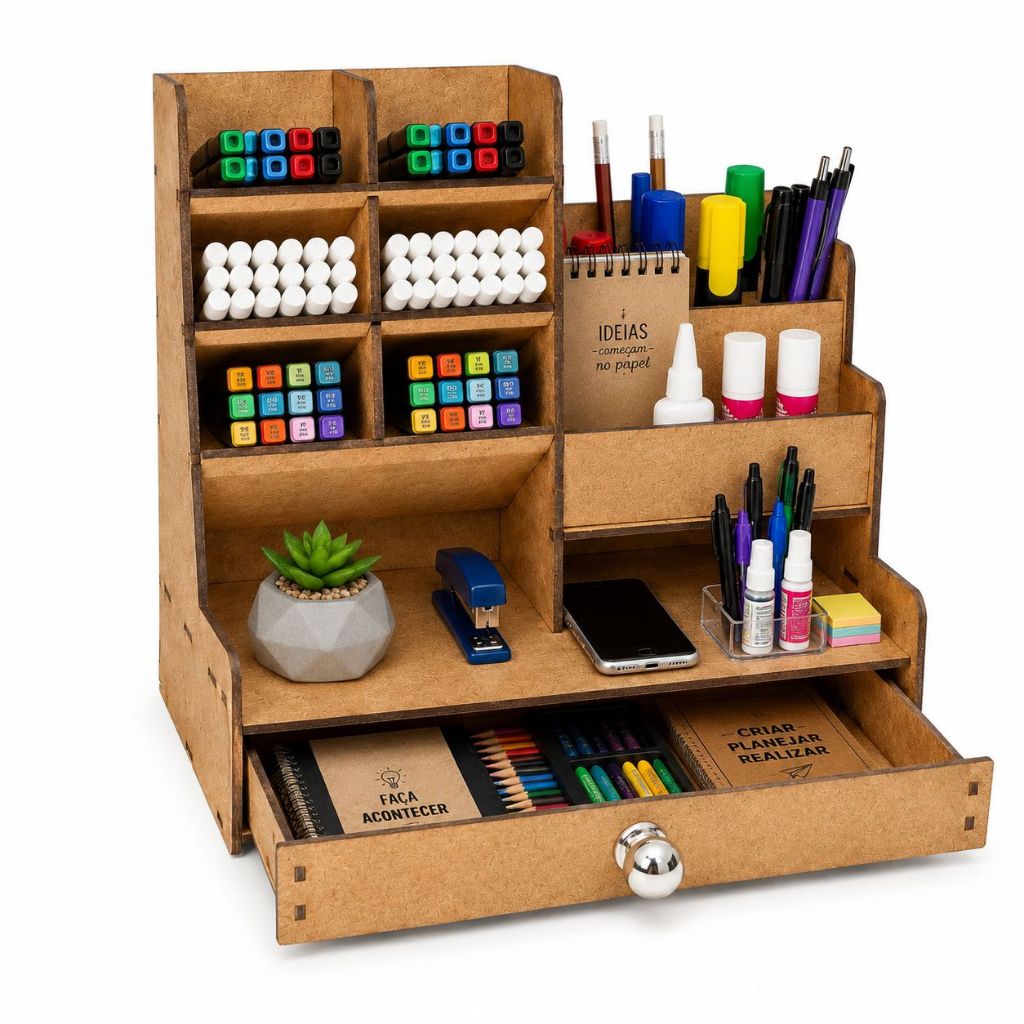 Organizador De Mesa Luxo Escritório Multiuso C/ Gaveta Nicho Mdf Canetas