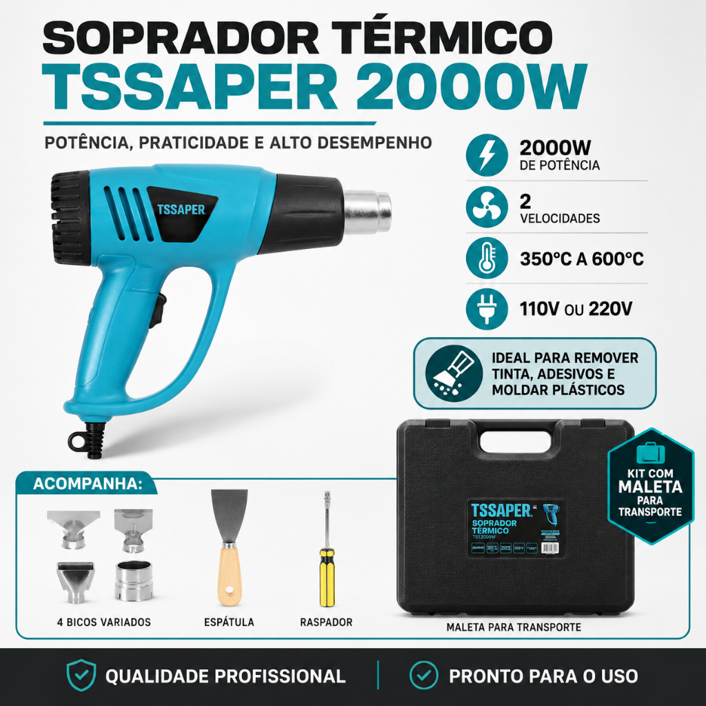 Soprador térmico 2000w 2 velocidades com Maleta e Acessórios Tssaper
