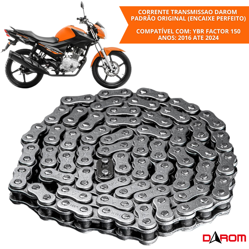 Corrente Relação 428HX124L Para Yamaha Factor 150 YBR 150 Compatível 2016 a 2024 Alta Resistência Darom