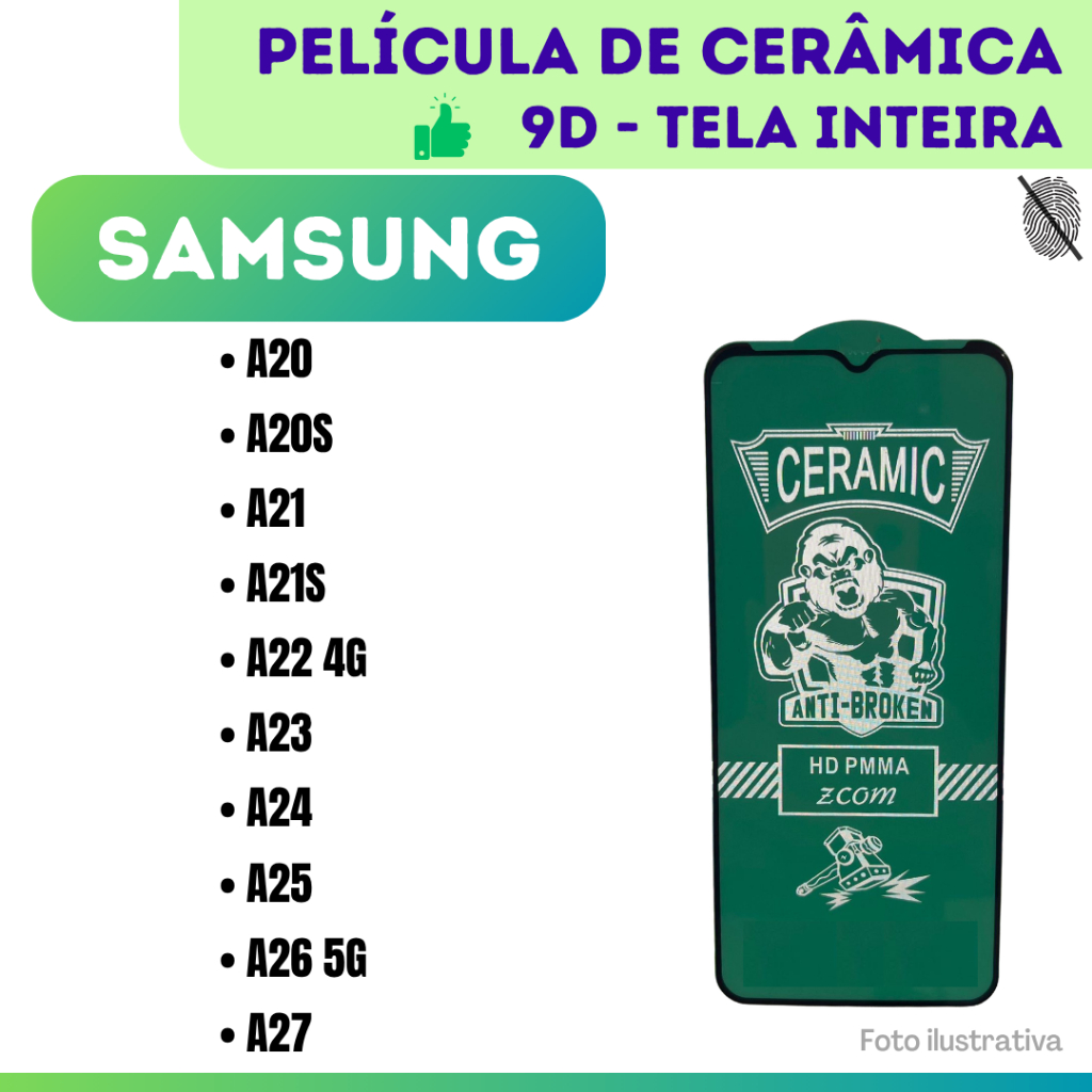 Película Cerâmica 9D Hidrogel Flexível Para Samsung A20/ A20S/ A21/ A21S/ A22 4G/ A23/ A24/ A25 / A26 5G/ A27.