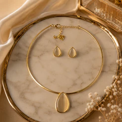 Conjunto Colar Aro Choker Gota Nude + Brinco Feminino Elegante Dourado Luxo