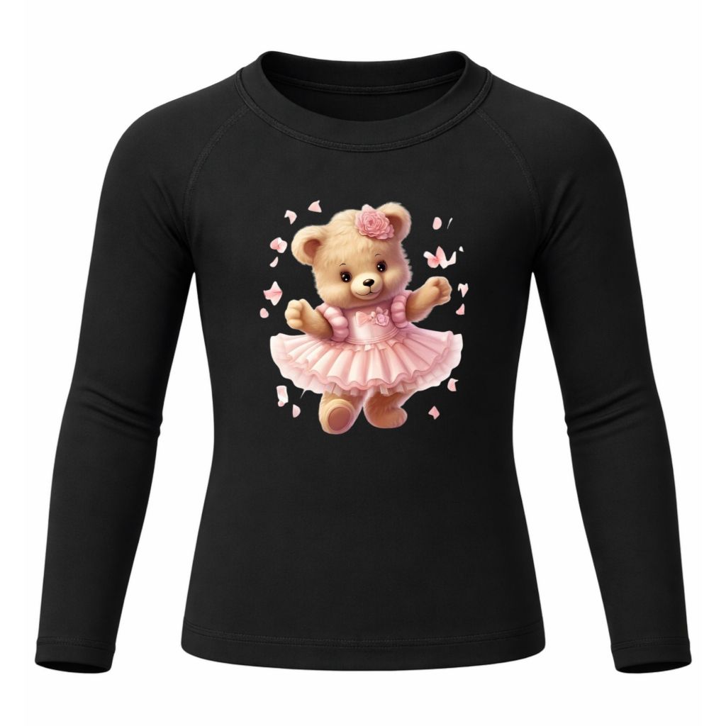 Camiseta Térmica Ursinha Fofinha Com Vestido Rosa Infantil Proteção Solar Uv 50+