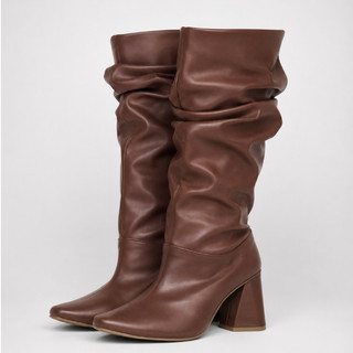 Bota Feminina Cano Longo Slouchy Marrom Salto Geométrico Bota Cano Enrugado Tendência Elegante Confy