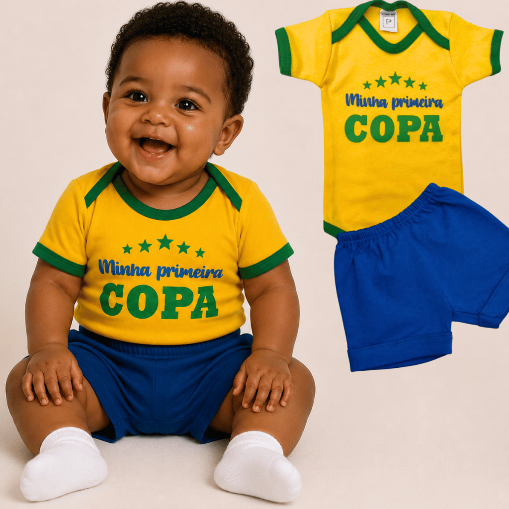 Body Infantil Bebe Brasil Primeira Copa Temático Copa do Mundo Roupa Mêsversario Para Menino Menina