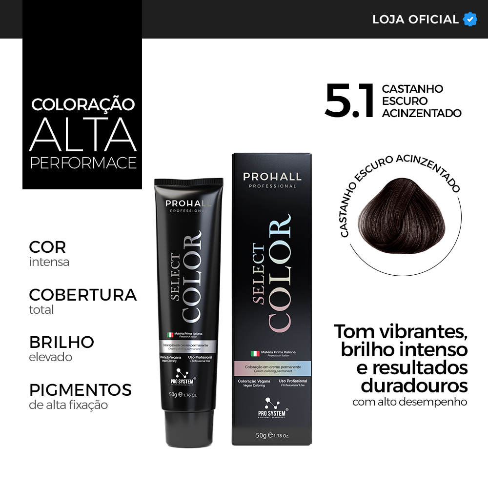 Coloração Profissional 5.1 Cabelo Castanho Escuro Acinzentado Tinta Capilar Premium Prohall