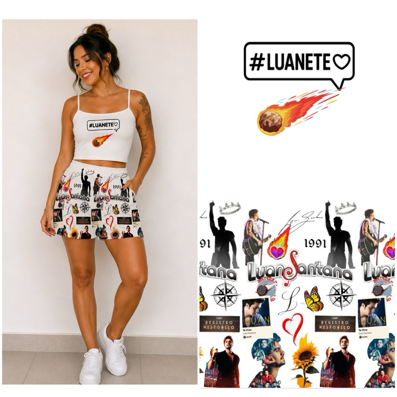 pijama luanetes fã clube cantor cropped blusa com manga calca conjunto feminino babydoll roupa de dormir luan Santana