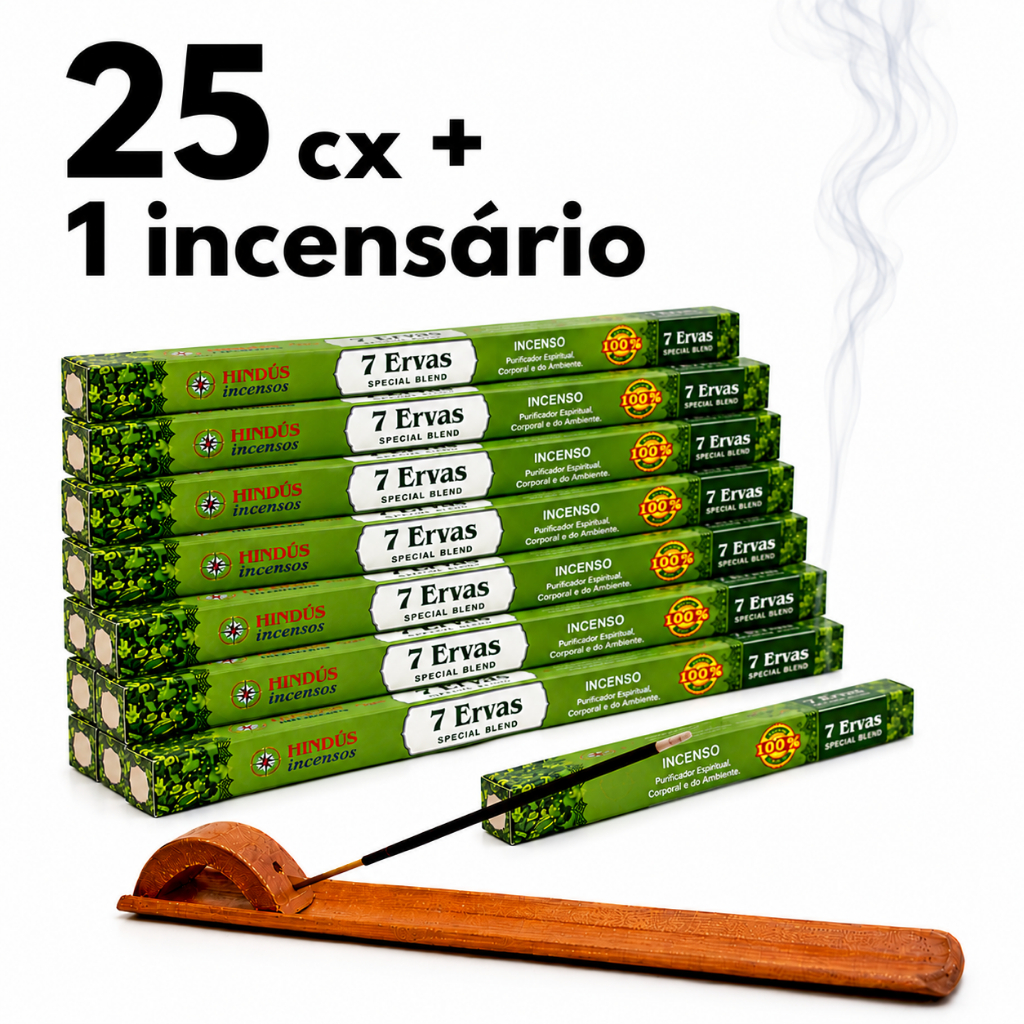 Incenso Natural 7 Ervas Special Blend 25 Caixas 200 Varetas e Porta Incenso Régua de Madeira