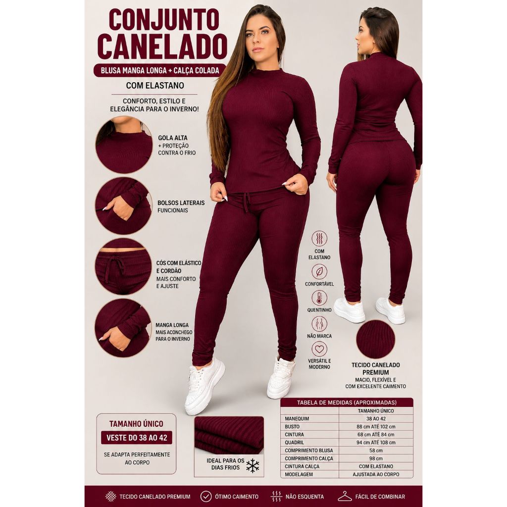 CONJUNTO CANELADO DE INVERNO FEMININO MANGA LONGA CALÇA COLADA COM ELASTANO GOLA U BOLSO NAS LATERAIS