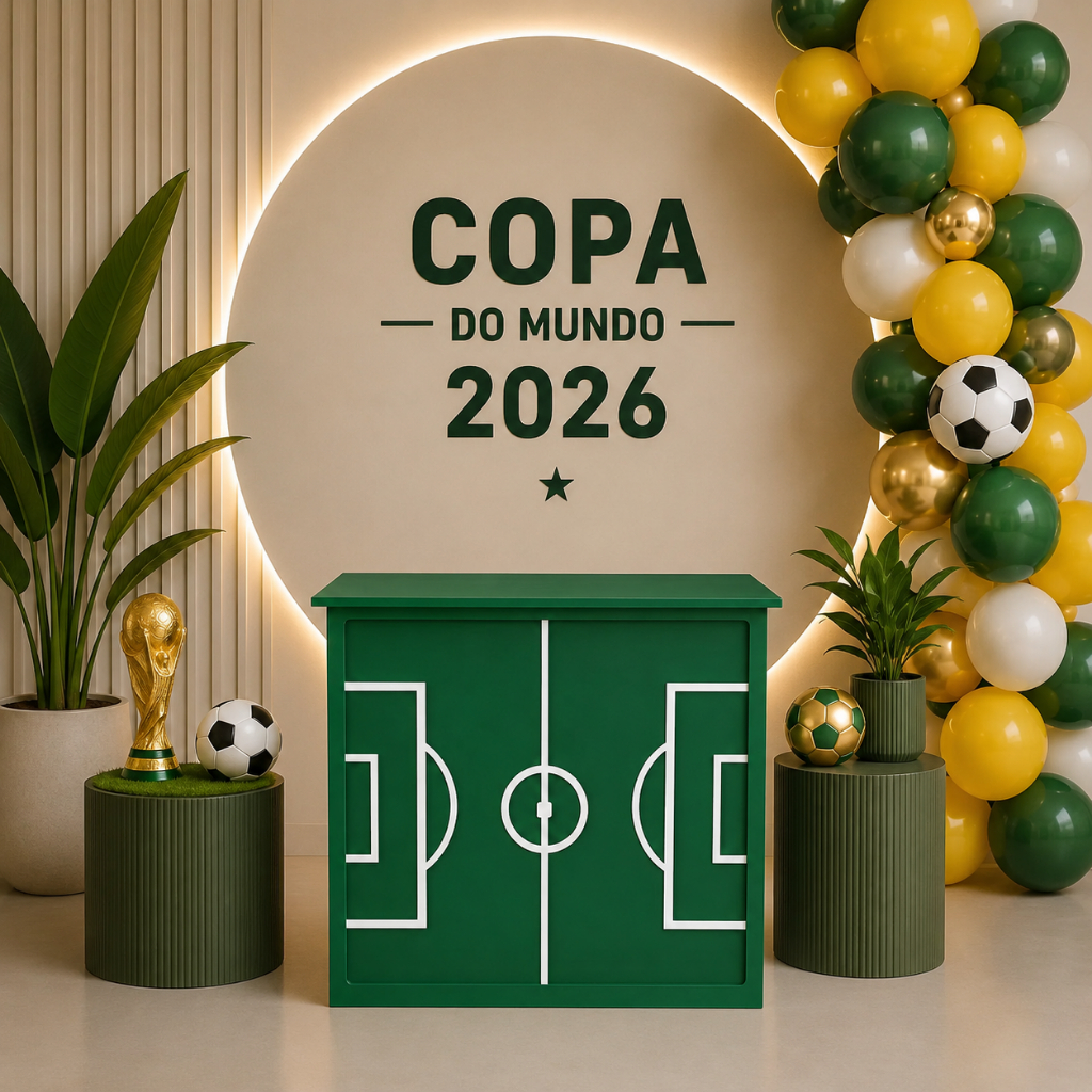 Mesa Campo Futebol em MDF 80x92x49 – Decoração de Festa, Pegue e monte Desmontável COPA 2026
