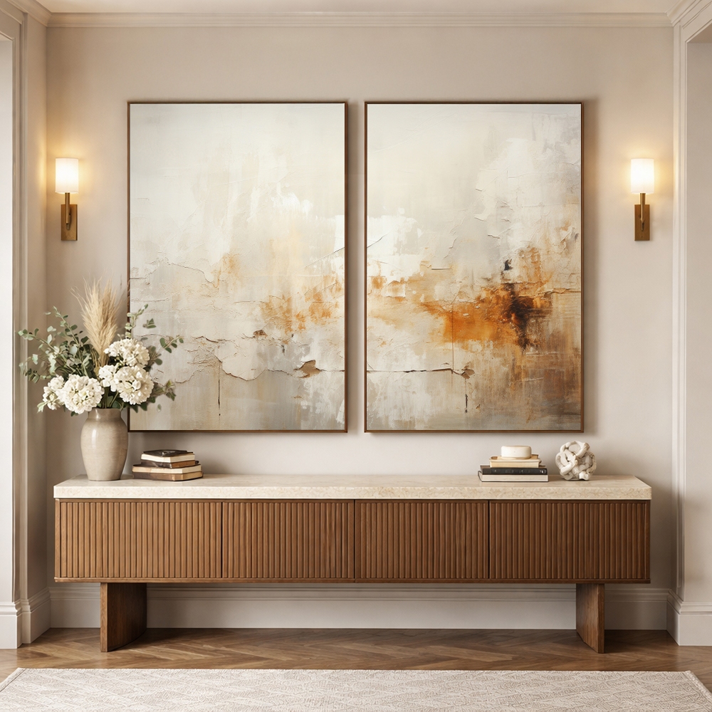 Quadro Decorativo Abstrato Reflexo do Outono 2 Telas Díptico Sala Quarto Escritório Decoração