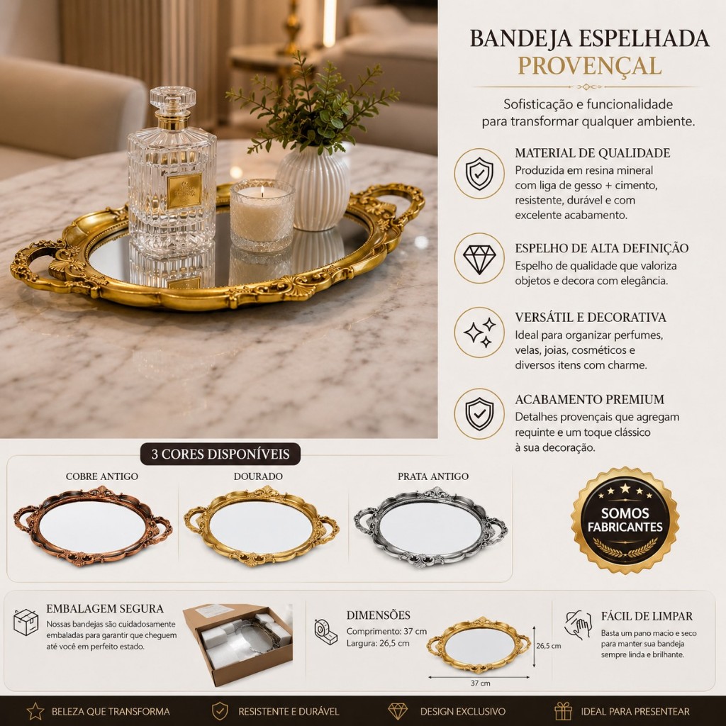 Bandeja Espelhada Oval Mod. Provençal Presente Decoração
