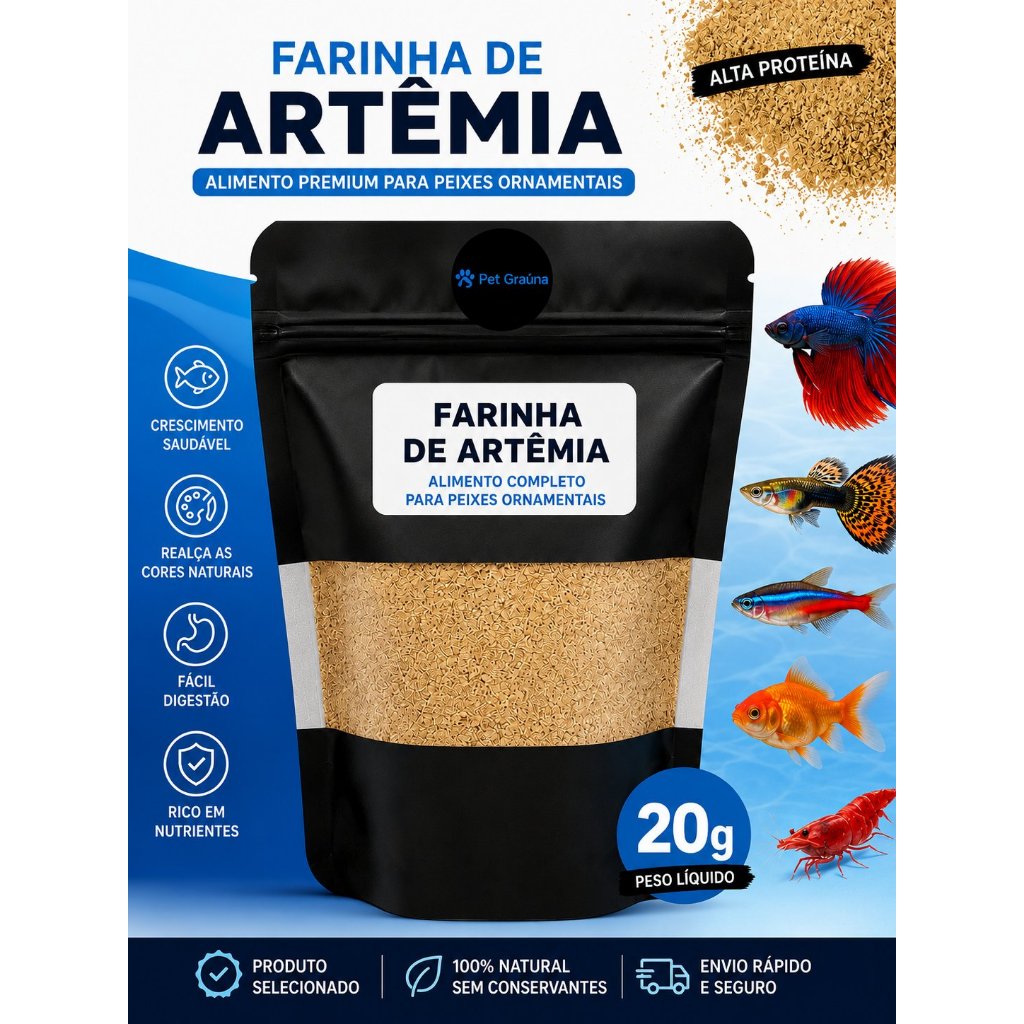 Farinha de Artêmia Natural 20g Rico em Nutrientes Para Aquários Marinhos Água Doce e Peixes Betta