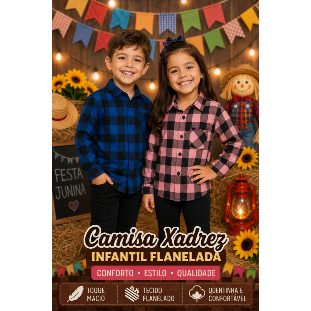 Camisa Xadrez Infantil Festa Junina Flanela Confortável Menino Menina 2 a 16 Anos Arraiá Escolar