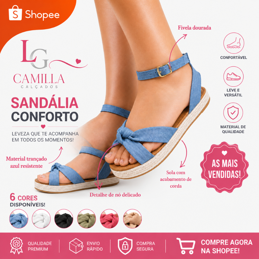 Sandália Feminina Solado detalhe corda Nó detalhe Casual Conforto Macia Cores