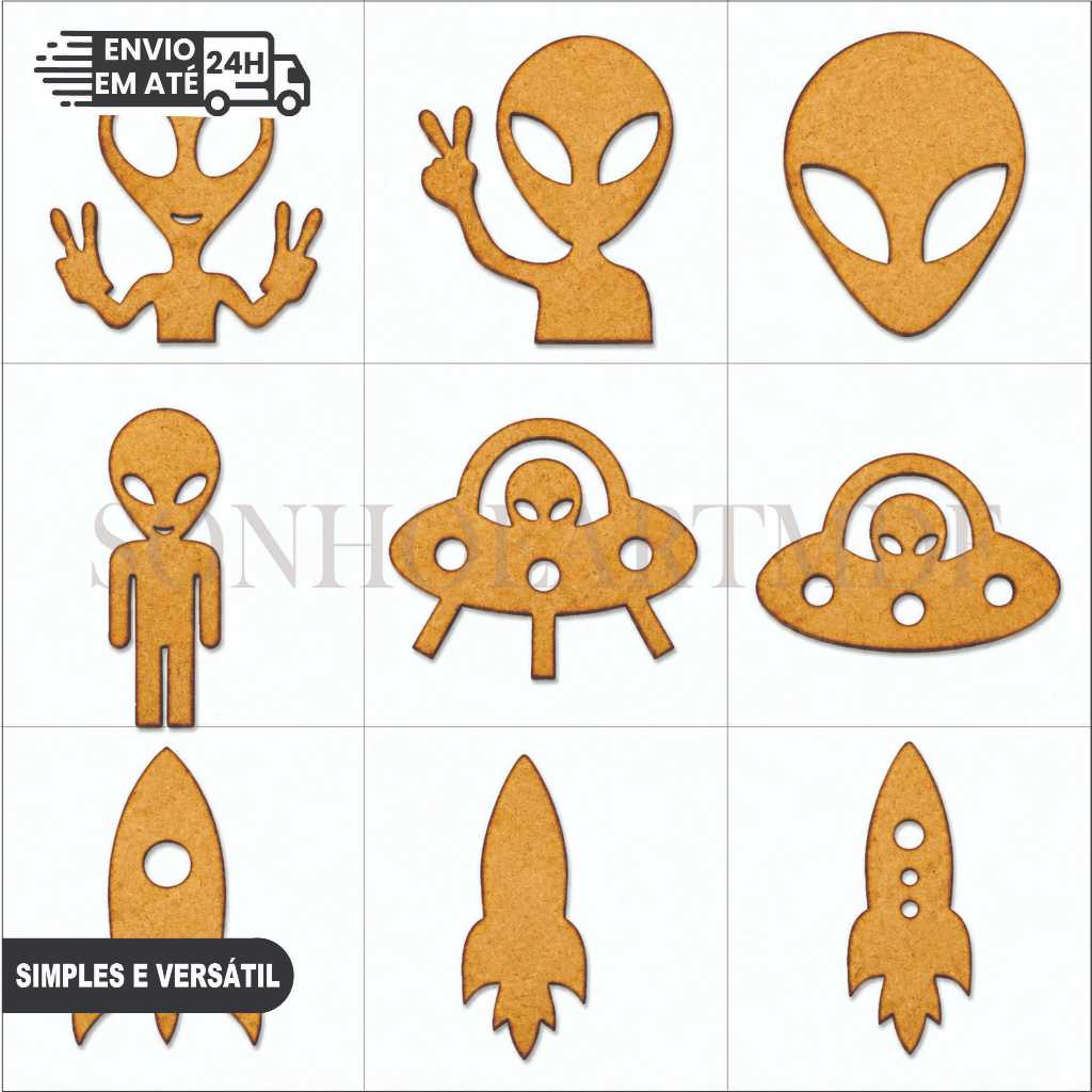 Aplique ET Foguete MDF Cru Espaço Sideral Artesanato Corte Laser Scrapbook Decoração Festa Astronauta Alienígena DIY Lem