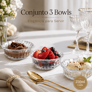 Kit 3 Unidades Bowls Vidro 250ml Sobremesa Petiscos Frutas Sorvete Elegante Mesa Posta Tigela