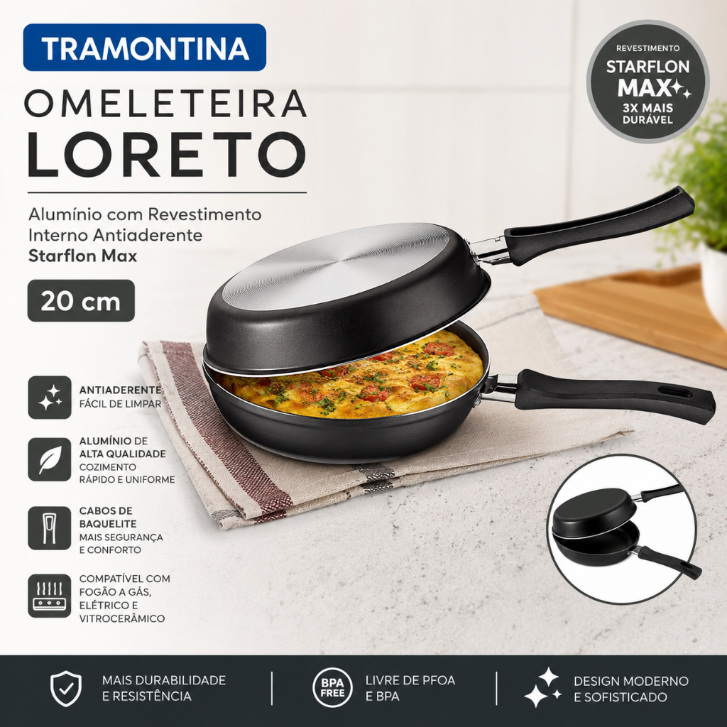 Omeleteira Tramontina Loreto em Alumínio com Revestimento Interno Antiaderente Starflon Max Cabo Baquelite 20 cm Grafite