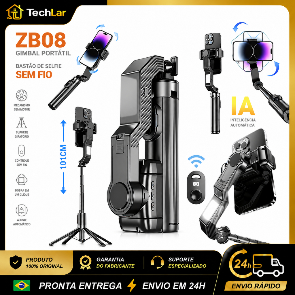 Gimbal Estabilizador Portátil 3 em 1 Selfie Stick com Luz LED Controle Remoto Rotação 360°
