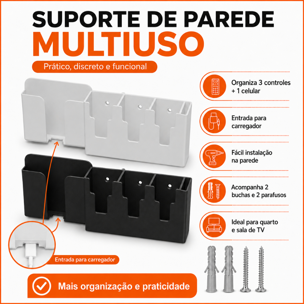 Porta Controle de Parede 3 Controles + Celular + Óculos Com Entrada Carregador Porta Controle Remoto Triplo Organizador — imagem 2 de 2