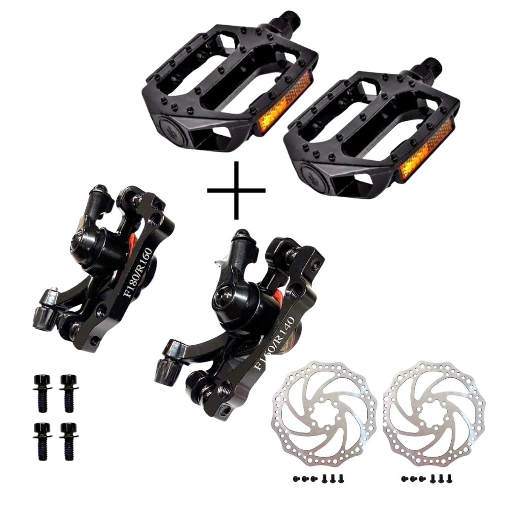 Kit Freio A Disco Mecânico Conjunto Completo (Par) Pinça e Disco Rotor pedal alumínio pezinho pastilha