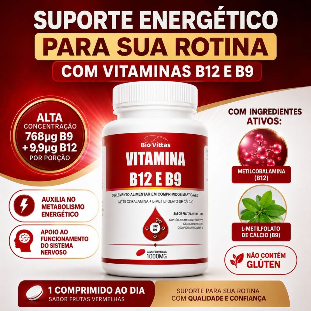 Vitamina B12 Metilcobalamina + B9 | Comprimidos 1000MG - Comprimidos Mastigáveis BVittas