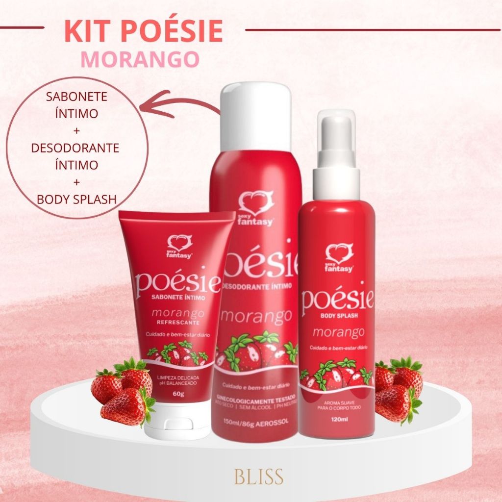 Kit Poésie Morango - Sabonete Íntimo + Desodorante Íntimo + Body Splash - Perfume - Higiene  Limpeza