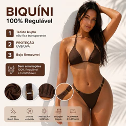 Biquíni Premium sem amarração 100% Regulável em Poliamida Top Cortininha + Calcinha Semi Fio