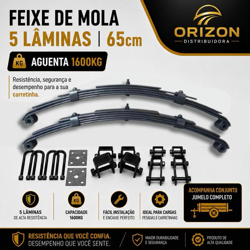Feixe De Molas 5 Lâminas 65cm Capacidade   1.600KG + Conjunto  Jumelos Carretinhas, Reboques, Trailers