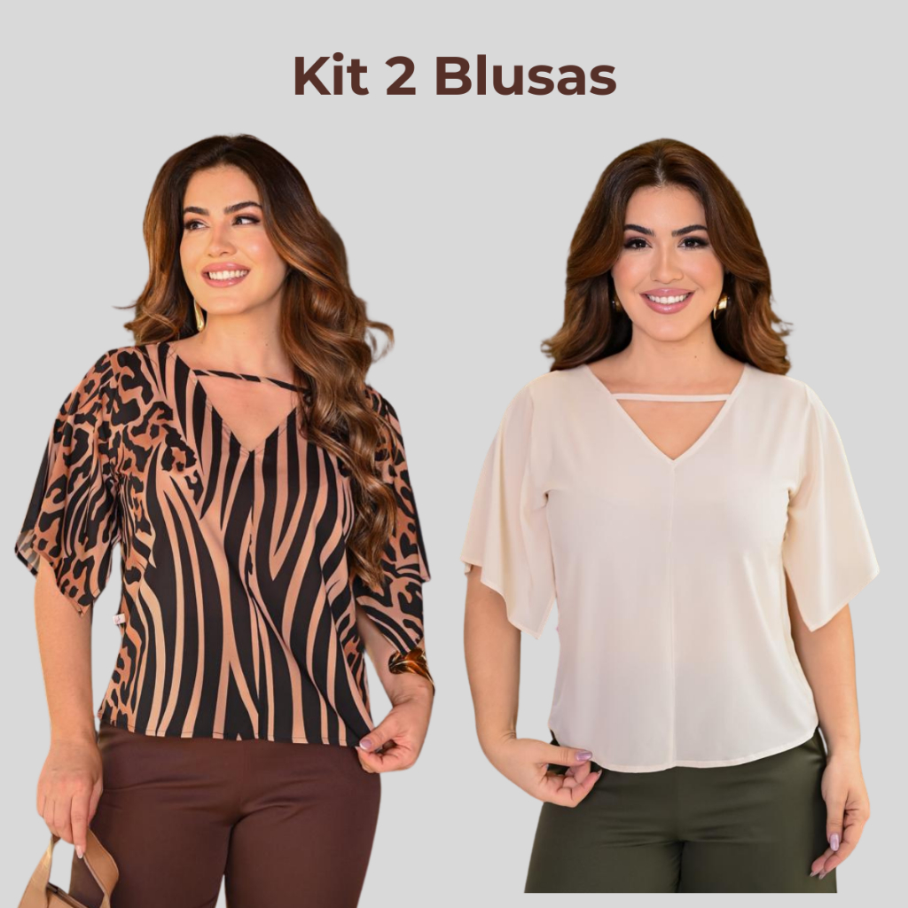 KIT 2 BLUSAS MANGA MORCEGO ESTAMPADA VERSÁTIL FEMININA CASUAL ESTAMPADAS E LISAS