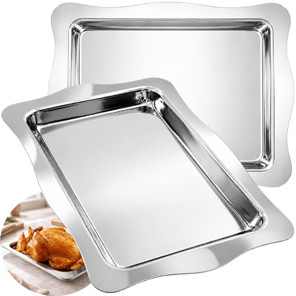 Assadeira Inox 47x31cm com Borda Decorada para Forno Servir Frango Assado Mesa Posta Buffet
