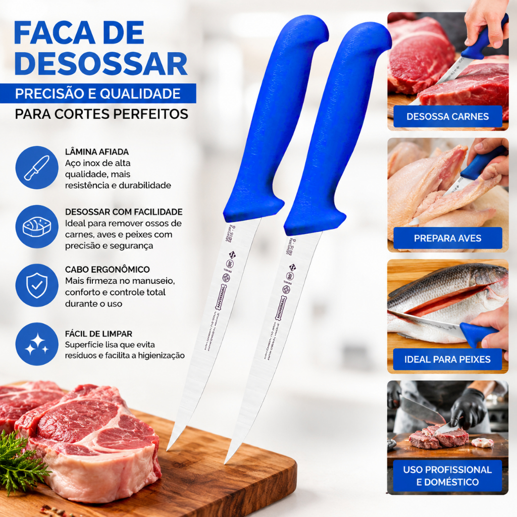 2 Facas de Desossar Profissional 6 Polegadas Aço Inox Para Açougue Churrasco Cozinha Frigorífico