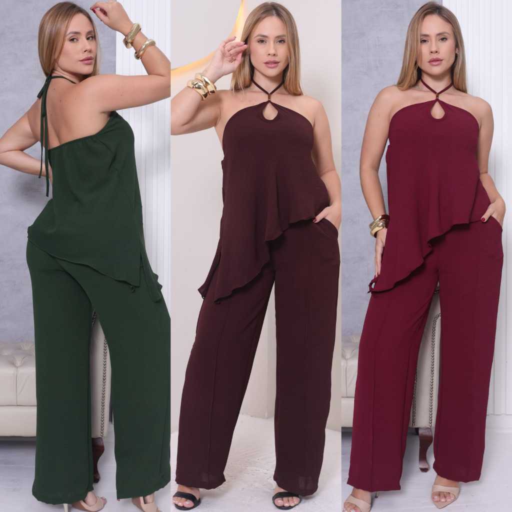Conjunto Calça Pantalona Blusa Assimétrica Alcinha Duna M G GG Elegante