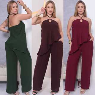 Conjunto Calça Pantalona Blusa Assimétrica Alcinha Duna M G GG Elegante