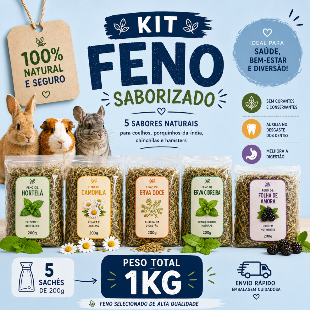Kit Feno Saborizado Premium 1kg 5 Sabores Naturais P/ Coelho Hamster Porquinho da Índia Chinchila