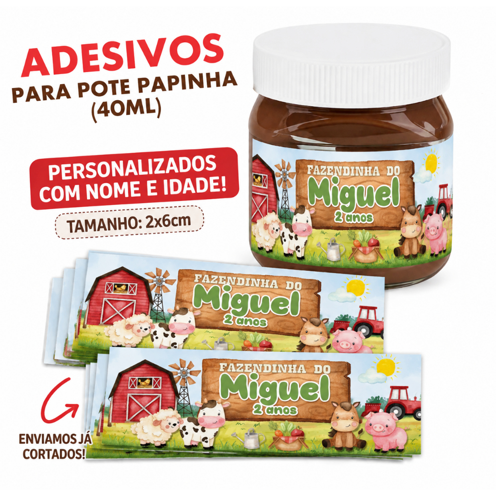 Rótulos adesivos para Papinhas 40ml Tema Personalizado FAZENDINHA AQUARELA para lembrancinhas