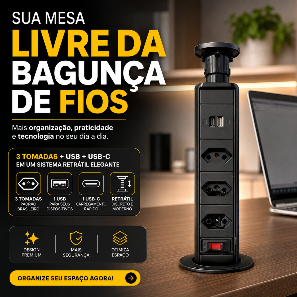 Tomada Retrátil Embutir Mesa 3 Tomadas 2 USB Torre Extensão UNT-ZC303BC
