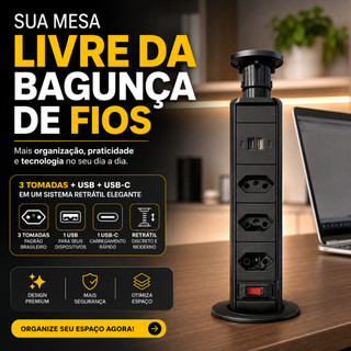 Tomada Retrátil Embutir Mesa 3 Tomadas 2 USB Torre Extensão UNT-ZC303BC