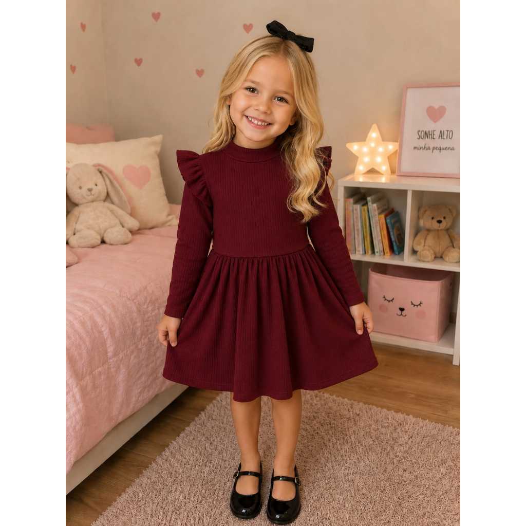 Vestido Bella Infantil Gola Alta Elegance Inverno Manga Longa