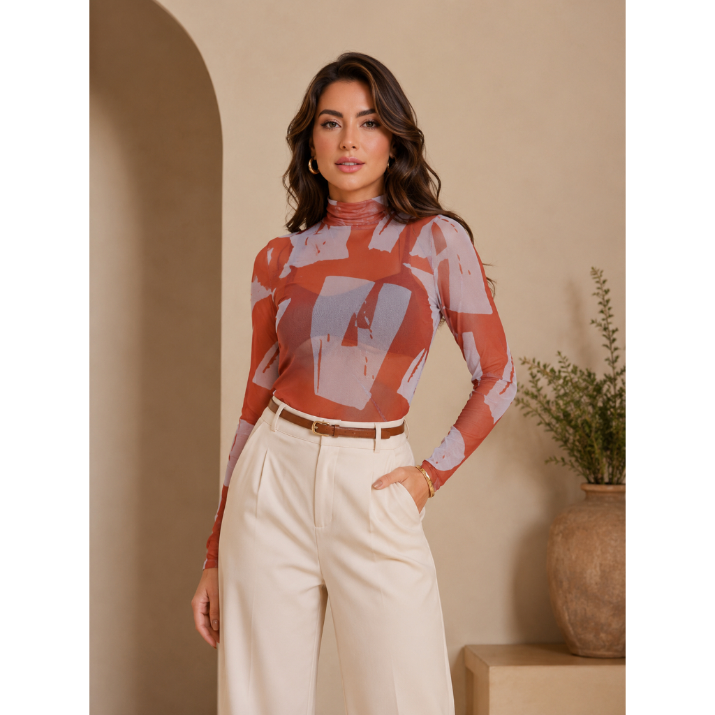 Body Tule Feminino Estampado Manga Longa Gola Alta Estampado Moda Inverno Elegante