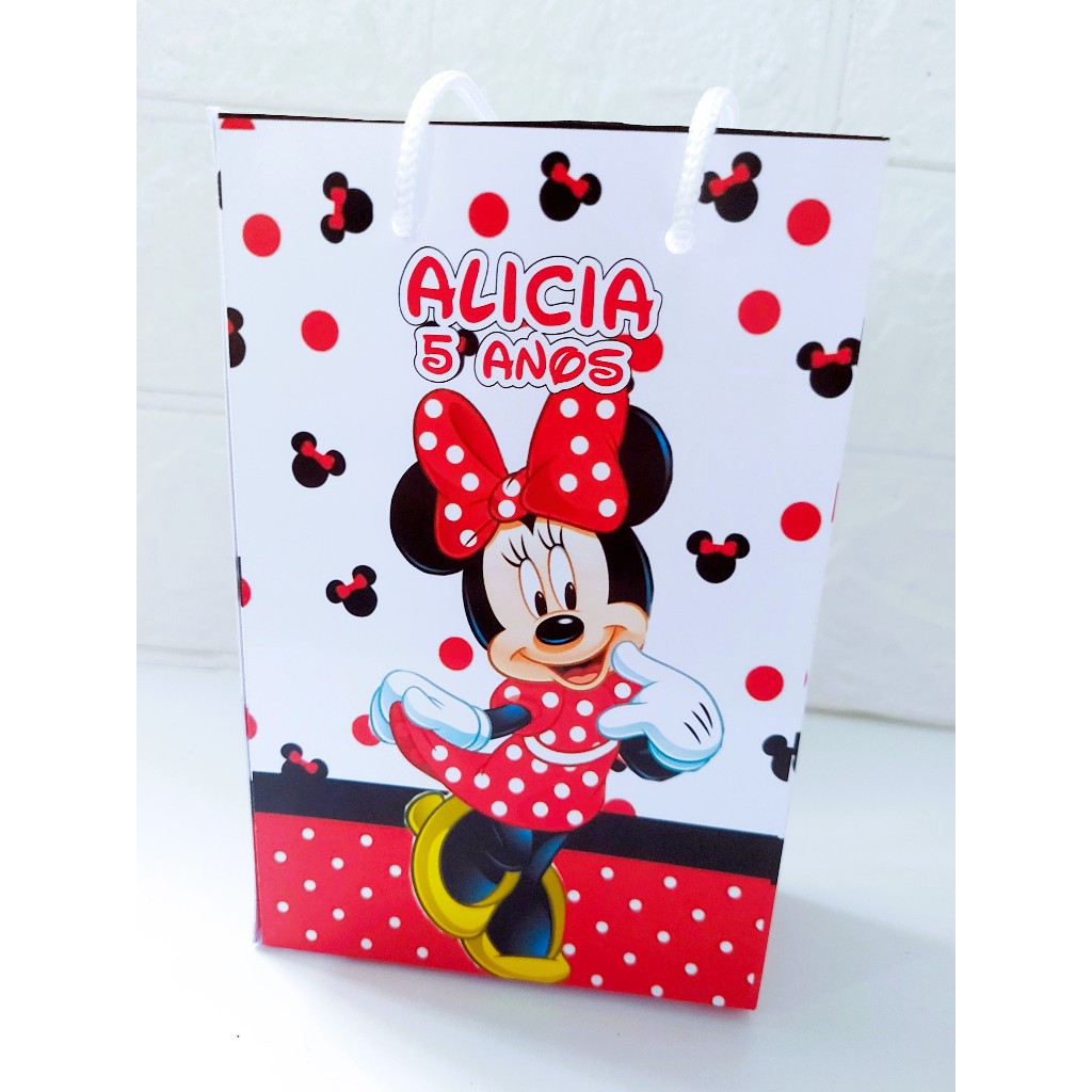 Sacolinha Personalizada Minnie Vermelha Aniversário Infantil Mimos e Lembrancinhas para Festa Tamanho P PEGUE E MONT