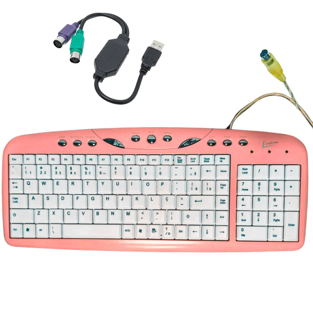 Teclado multimídia cor rosa modelo slim  para notebook e computador com adaptador PS2 para USB