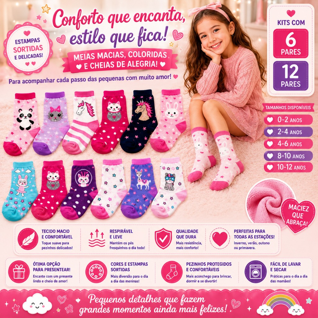 Kit 6 12 Meias Infantis Femininas Estampadas Sortidas Menina Cano Médio Inverno