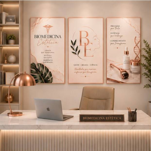 Kit 3 Quadros Biomedicina Estética Decorativo Clínica Beleza Rose Gold Luxo