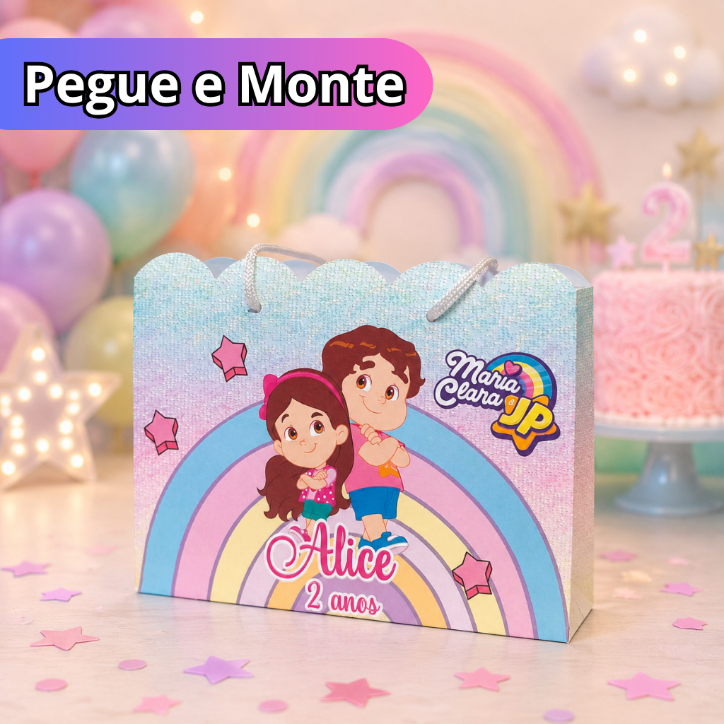 Sacolinha Personalizada Pegue e Monte Maria Clara e JP festa infantil formato nuvem lembrancinha