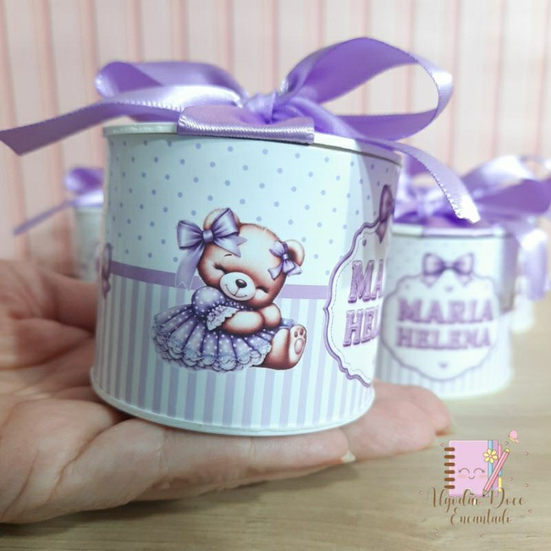 Tubolata 5X6cm Personalizada Tema Ursinha Laço Lilás Lembrancinha para Aniversário/ Maternidade/ Chá de Bebê e Revelação
